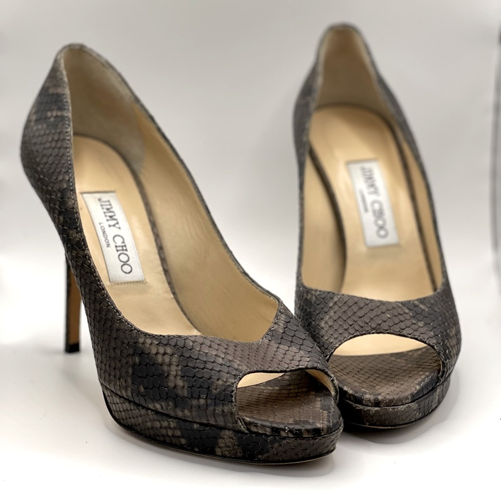 Jimmy Choo 4-inch Brown Snakeskin Open Toed High Heals